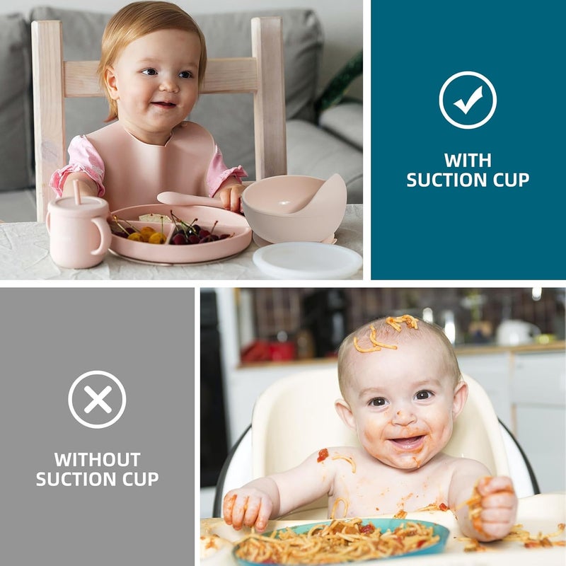 Dormlony 100% Silicone Baby Feeding Set,BPA Free Baby Dishes Set with Suction Bowl Divided Plate,Toddler Self Feeding Dish Set with Spoons Forks Sippy Cup and Bib, Baby Eating Utensils (Pink) - Image 5